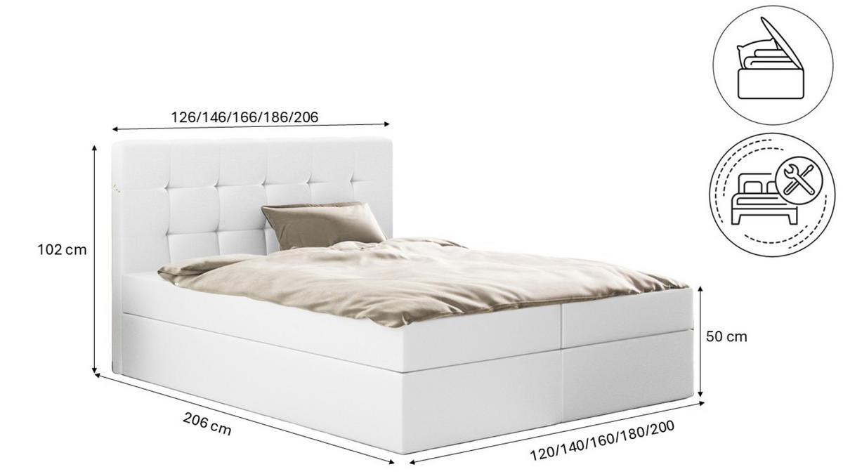 BOXBETT Mit Matratze Und Bettkasten, LUDANO Stoff Cayenne Weiß 180x200 cm H2-Pocket - Weiß, Holz (180/200cm) - Kaiser Möbel
