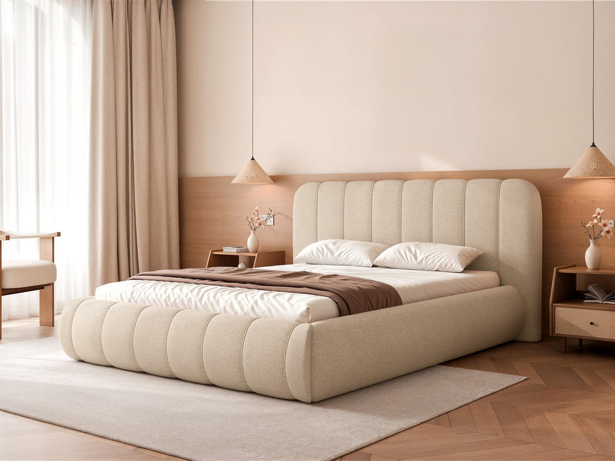 POLSTERBETT Gallo 160x200 cm Beige Schlingengewebe – (Doppelbett mit Bettkasten, Lattenrost, voluminöses Kopfteil) - Beige, Holz/Holzwerkstoff (160/200cm) - Ravio