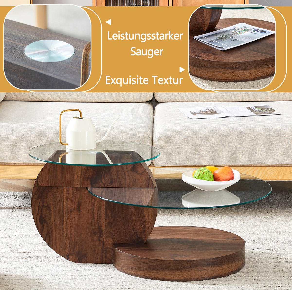 COUCHTISCH mit Glasplatten 50/70 cm aus MDF in Walnussfarben - Walnussfarben, Holzwerkstoff (90/70/44cm) - Flora Grace