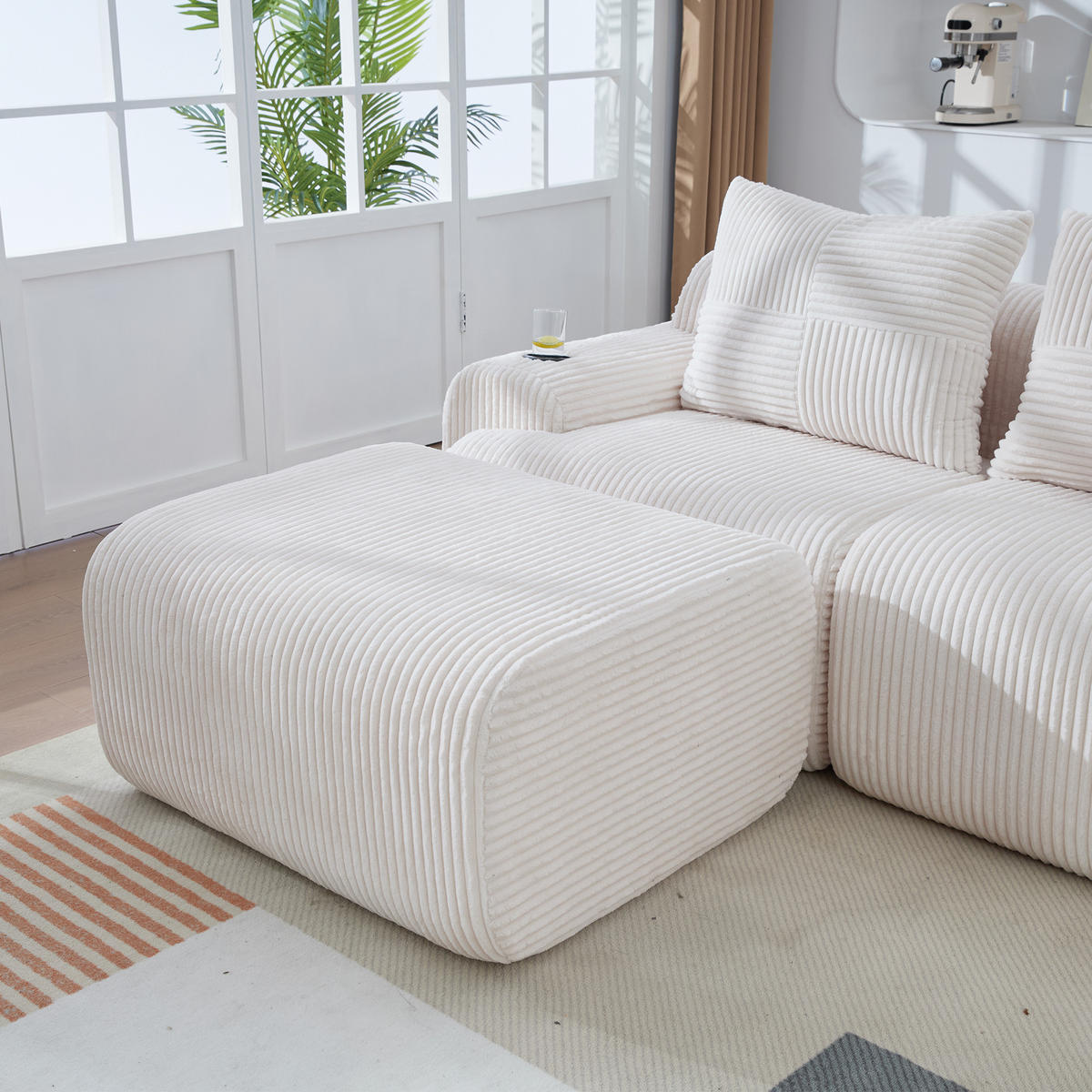 3-SITZER SOFA Cord Beige mit Hockern, Getränkehalter und Seitentasche - Beige, Textil (268/174cm) - WISHDOR
