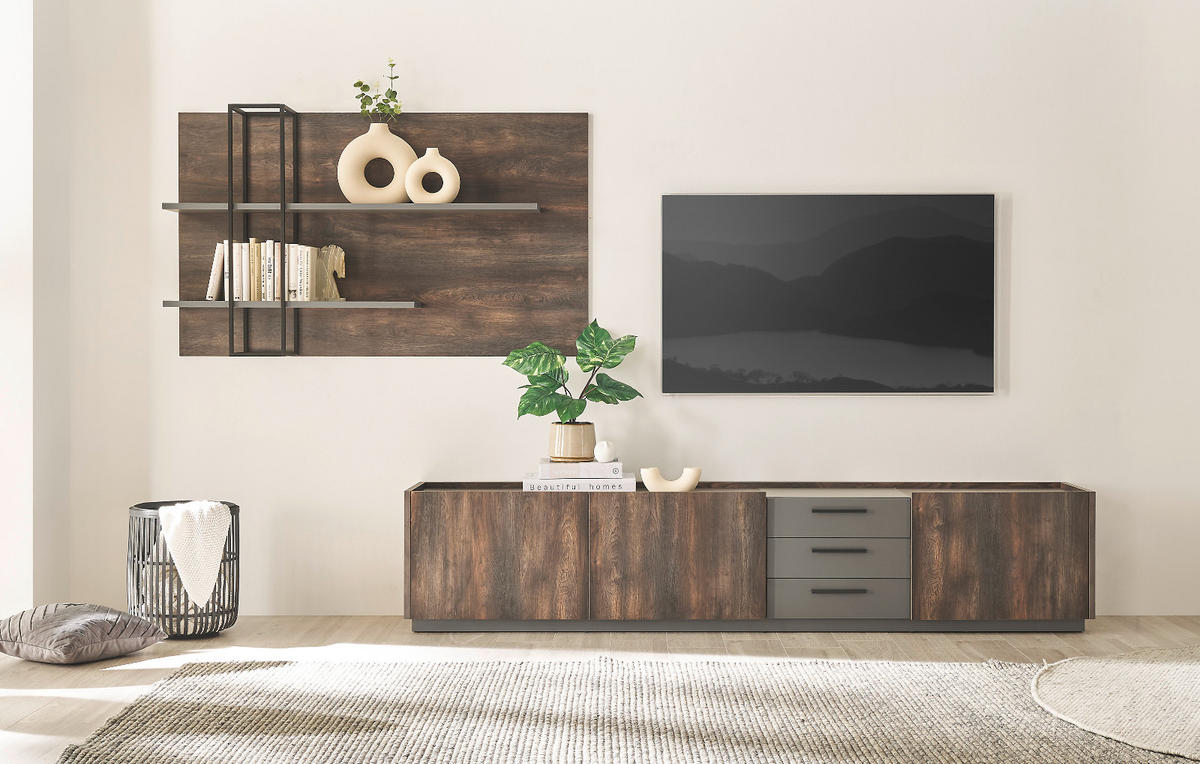 WOHNWAND Thermo Eiche, grau, Set 3-teilig mit XXL TV-Lowboard und Soft-Close - Eichefarben/Grau, Holzwerkstoff/Metall (316/200/45cm) - Furn.Design