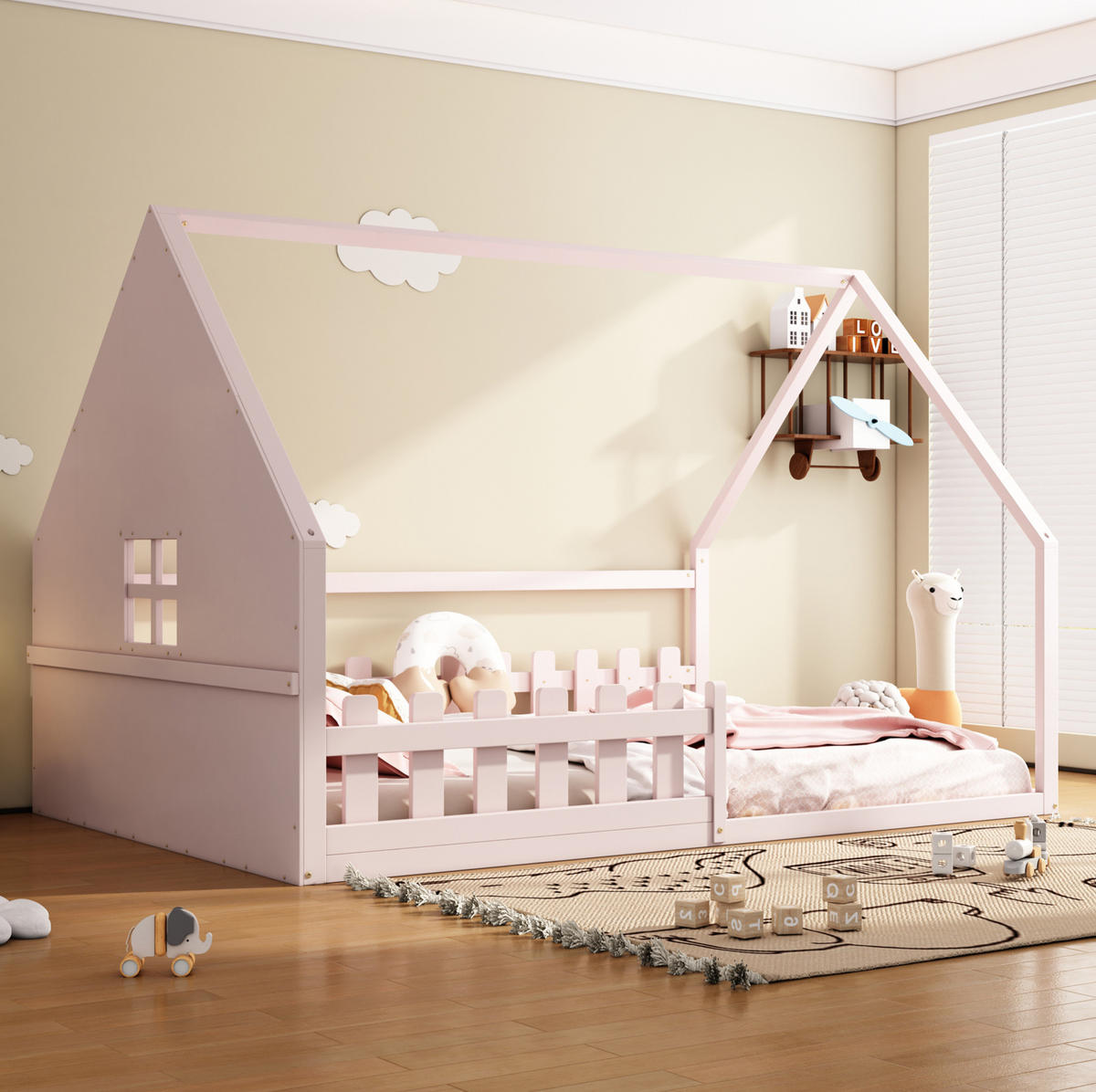 KINDERBETT 140/200 cm im Hausdesign mit Geländer aus Kiefer und MDF, Rosa - Rosa, Holzwerkstoff (140/200cm) - Redom