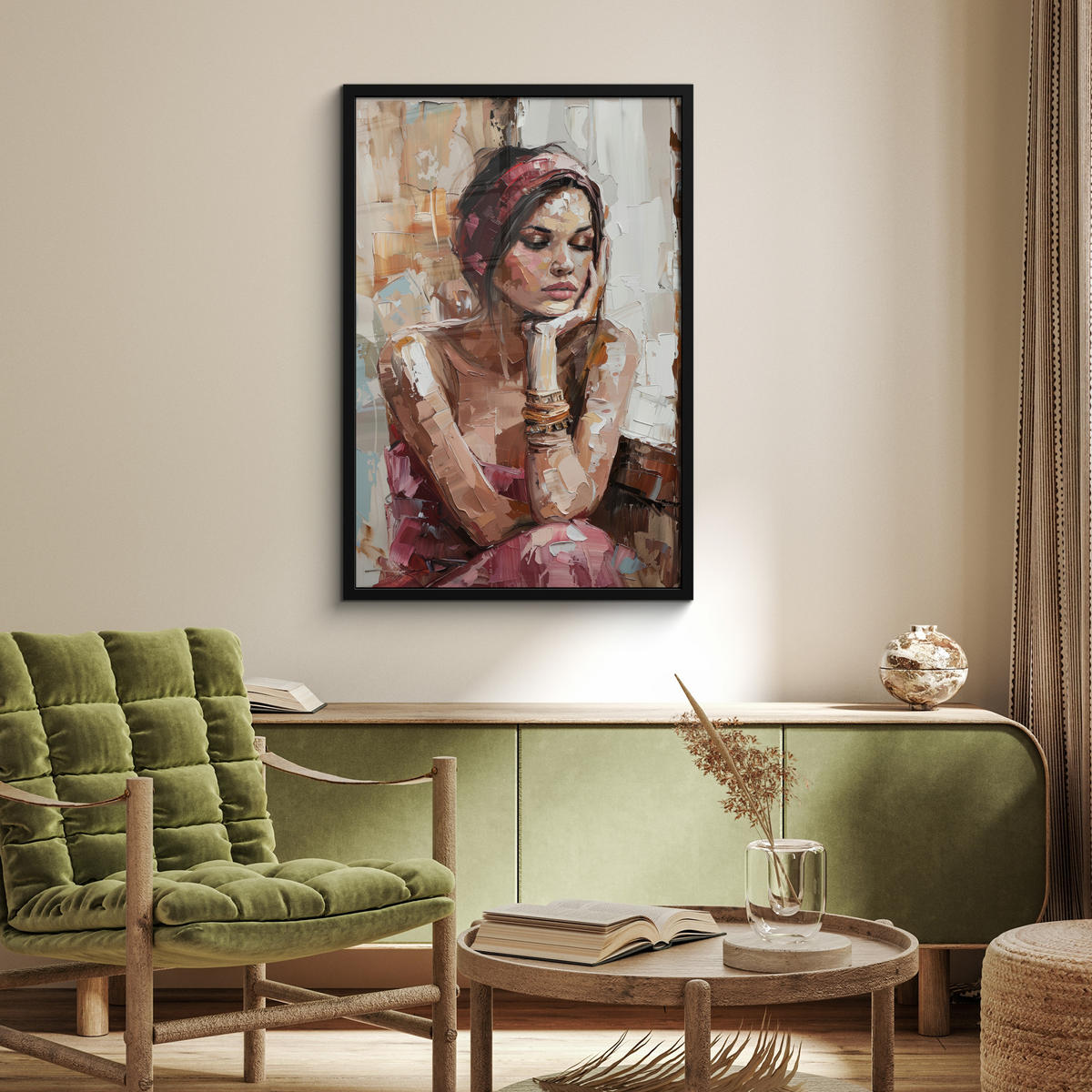 POSTER MIT RAHMEN Frau - Lackierung - Porträt - Modern 60x90 cm - Altrosa, Papier (60/90cm) - MuchoWow