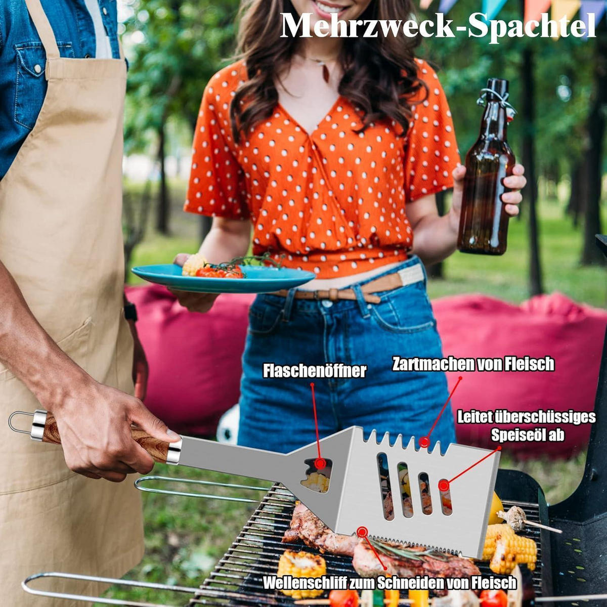 GRILLBESTECK Set 30-teilig Edelstahl mit Grillmatte und Koffer - Braun, Metall (39cm)