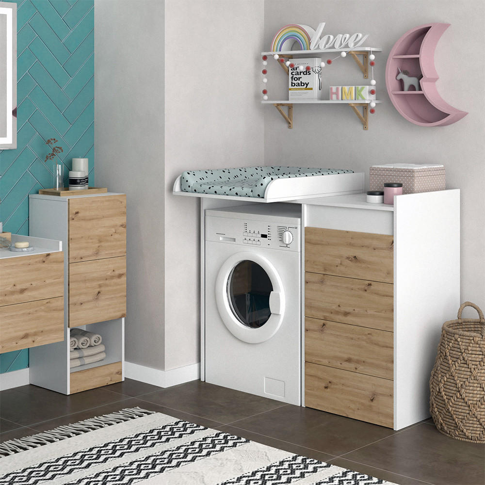 WASCHMASCHINENSCHRANK Alf Weiß 116 x 98 cm mit 4 Schubladen - Eichefarben/Weiß, Holzwerkstoff (116/98/50cm) - Vicco