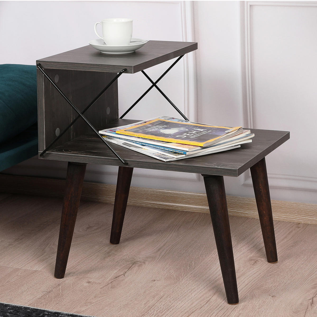 BEISTELLTISCH Bergen - Dunkelbraun/Anthrazit, Holzwerkstoff/Buchenholz (50/40/55cm) - [en.casa]