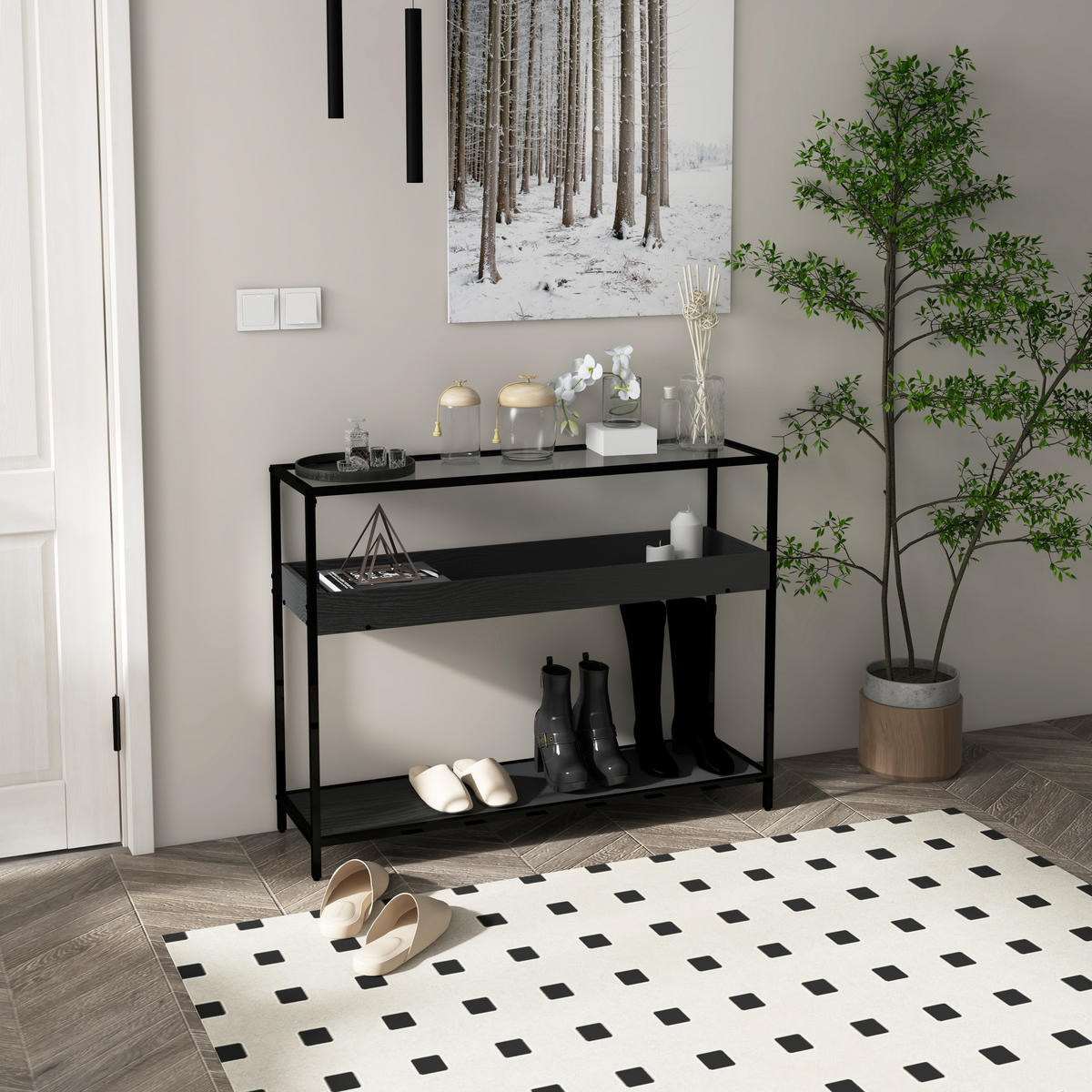 KONSOLENTISCH mit 2 Regalen, 100L x 30B x 78Hcm - Schwarz, Kunststoff/Metall (100/30/78cm) - HOMCOM