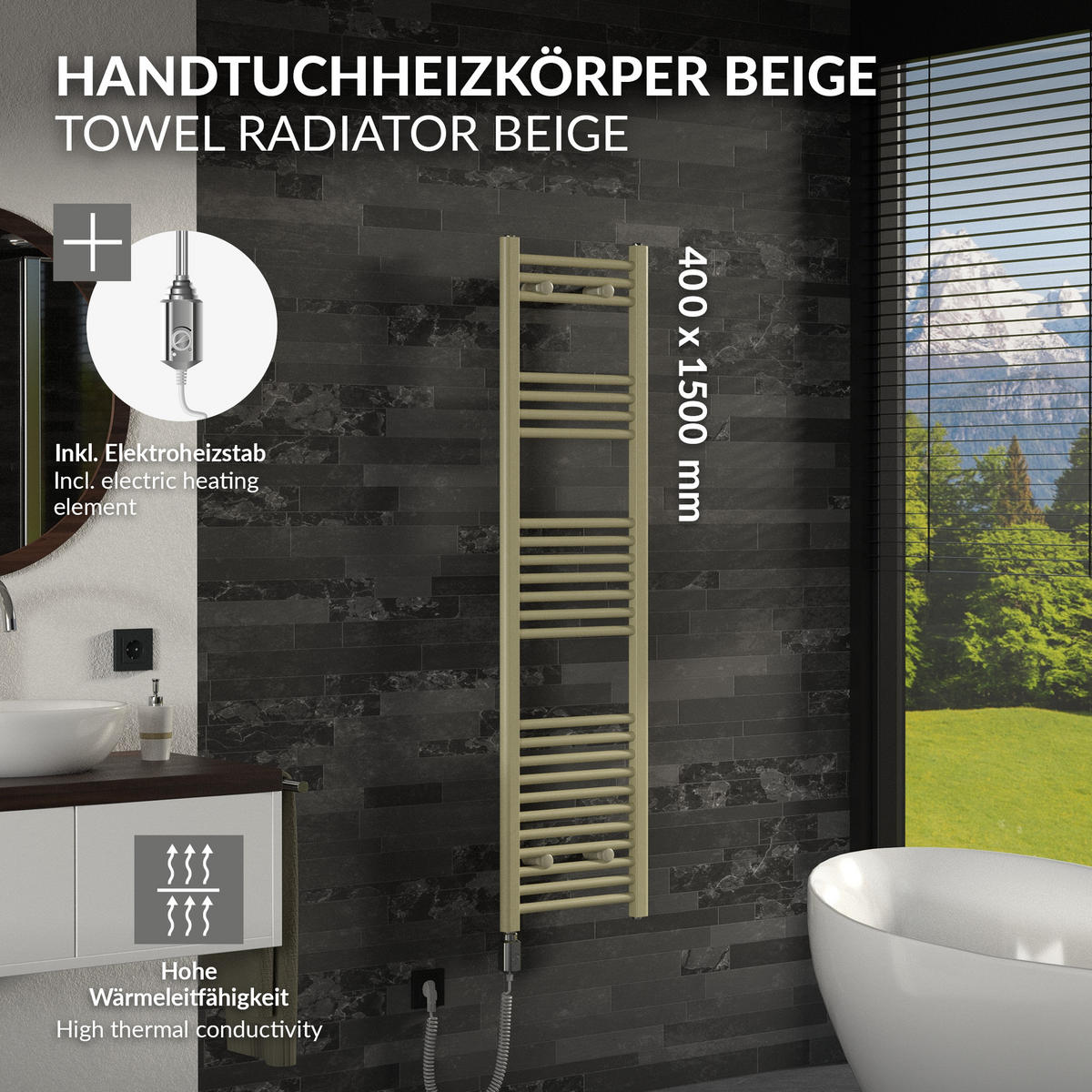 HANDTUCHHEIZKÖRPER elektrisch 400 x 1500 mm Beige Badheizkörper gerade mit Seitenanschluss mit Heizstab 600W - Beige, Metall (40/150/3cm) - LuxeBath