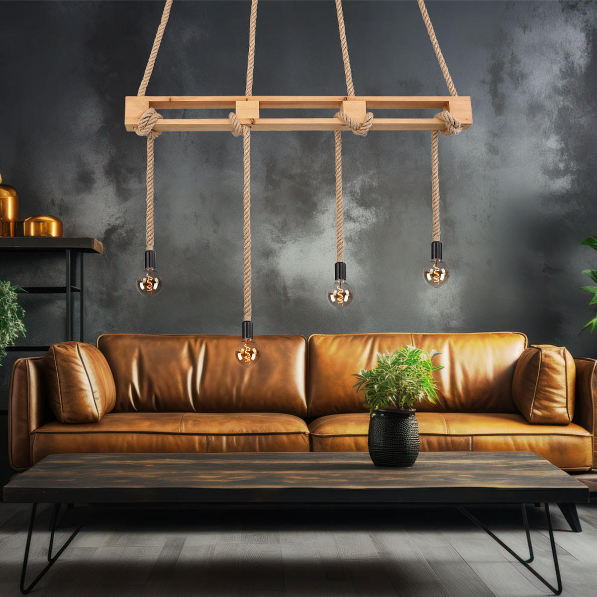HÄNGELEUCHTE ULLEU Hanfseil Braun - Braun, Holz (120/10/120cm) - Globo Lighting
