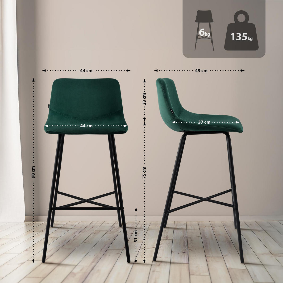 BARHOCKER Samt Grün - Schwarz/Grün, Textil/Metall (44/98/49cm) - CLP