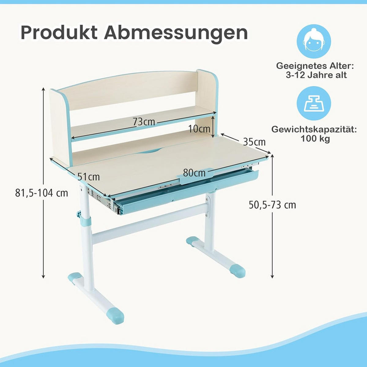 KINDERSCHREIBTISCH Höhenverstellbarer blau - Blau, Metall (80/81.5/51cm) - COSTWAY