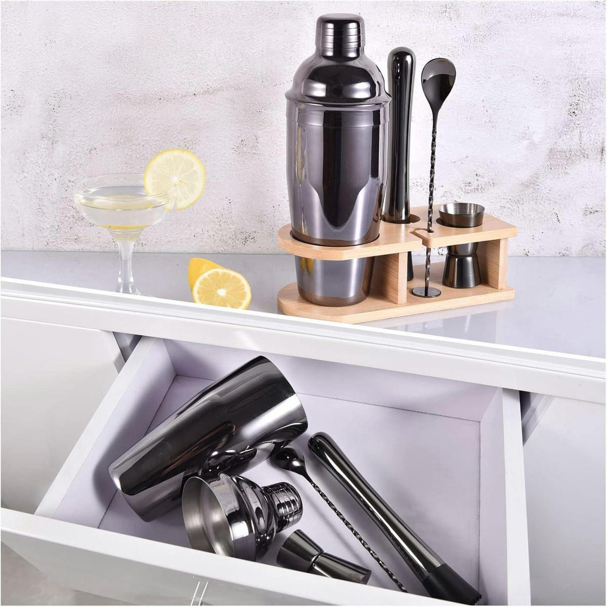 COCKTAIL Shaker Set 5-teilig 750 ml Edelstahl mit Holzständer - Multicolor, Metall (17.1/13.7/21.9cm)