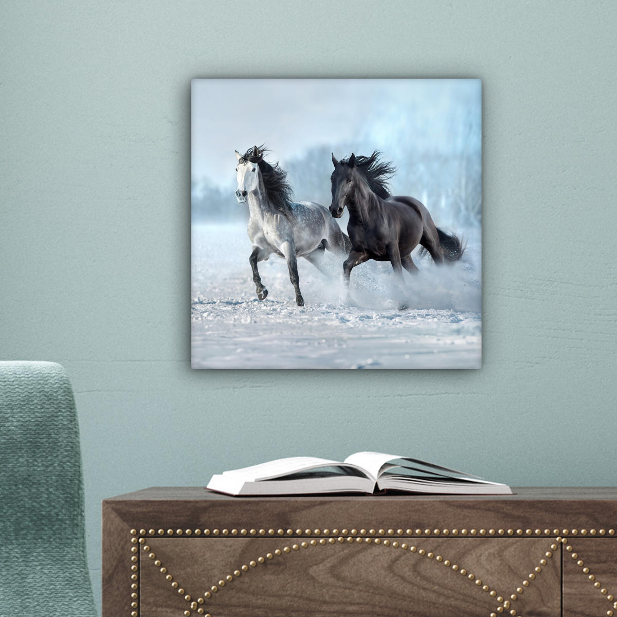 LEINWANDBILD Pferde - Winter - Tiere - Natur - Schnee Deko Wohnzimmer 20x20 cm - Anthrazit, Textil (20/20cm) - MuchoWow