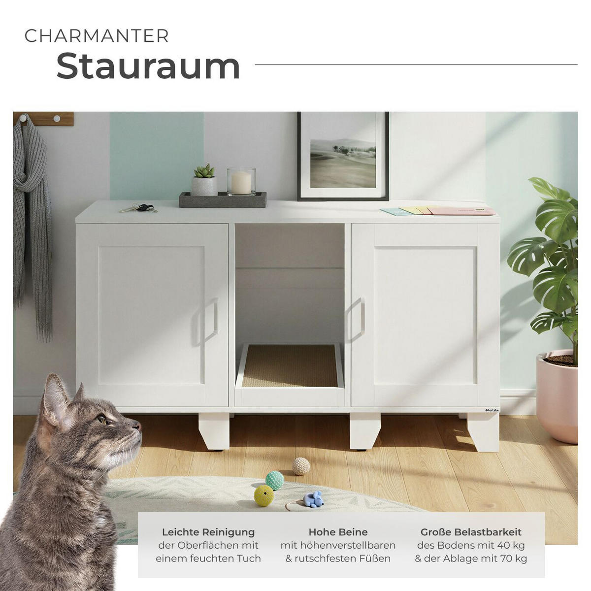 KATZENSCHRANK Freya,inklusive Kratzmatte, 120 x 52 x 65 cm,weiß - Weiß, Holz (120/65/52cm) - tectake