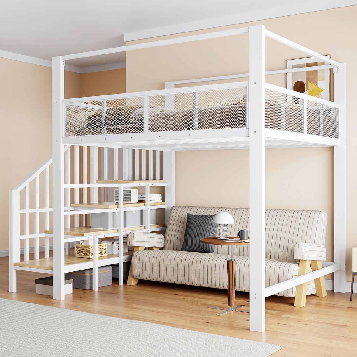 HOCHBETT Weiß 140×200cm mit Baldachin, Stauraumtreppe und freier Arbeitsfläche unter dem Bett - Weiß, Metall (140/200cm) - Luhomfu