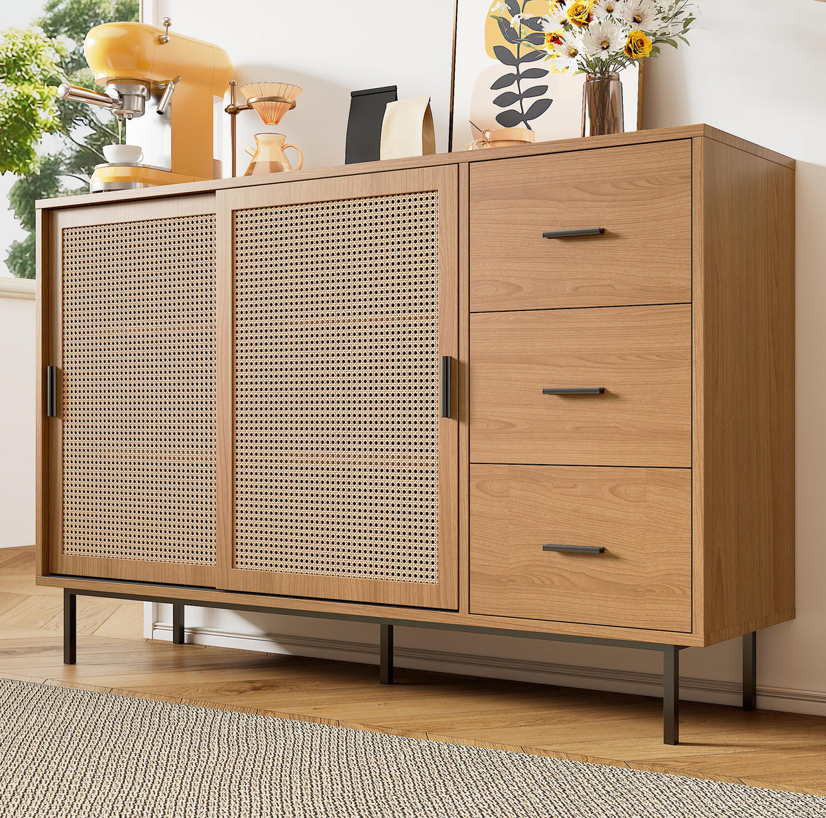 SIDEBOARD aus Spanplatte 140x37x91 cm Natur mit 2 Schiebetüren, 3 Schubladen und verstellbaren Einlegeböden - Naturfarben, Holzwerkstoff (140/91/37cm) - Modfu