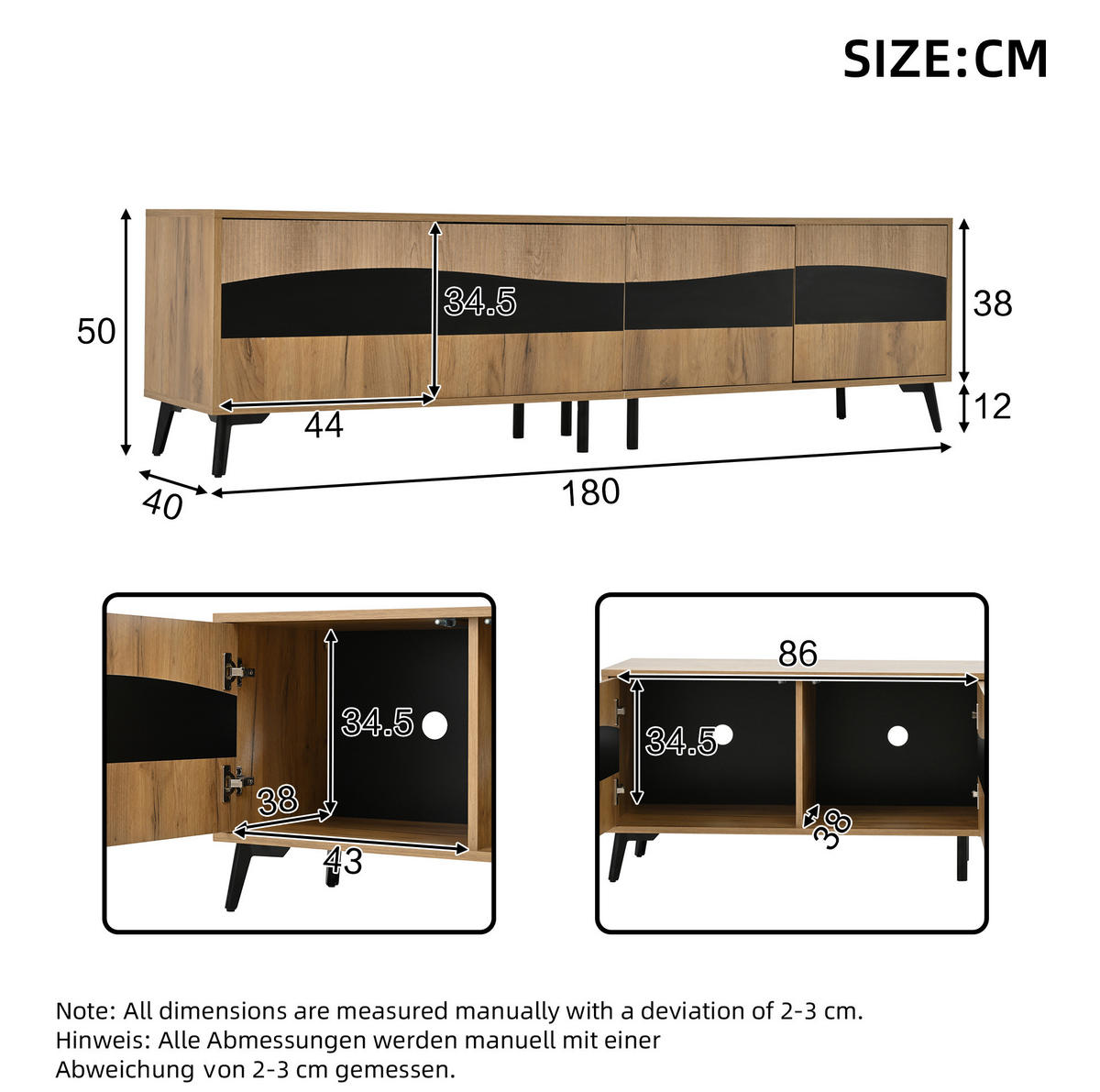 LOWBOARD 180/40/50 cm aus Spanplatte mit 4 Türen und symmetrischem Design Naturfarben/Schwarz - Naturfarben, Holzwerkstoff (180/50/40cm) - Modenvie