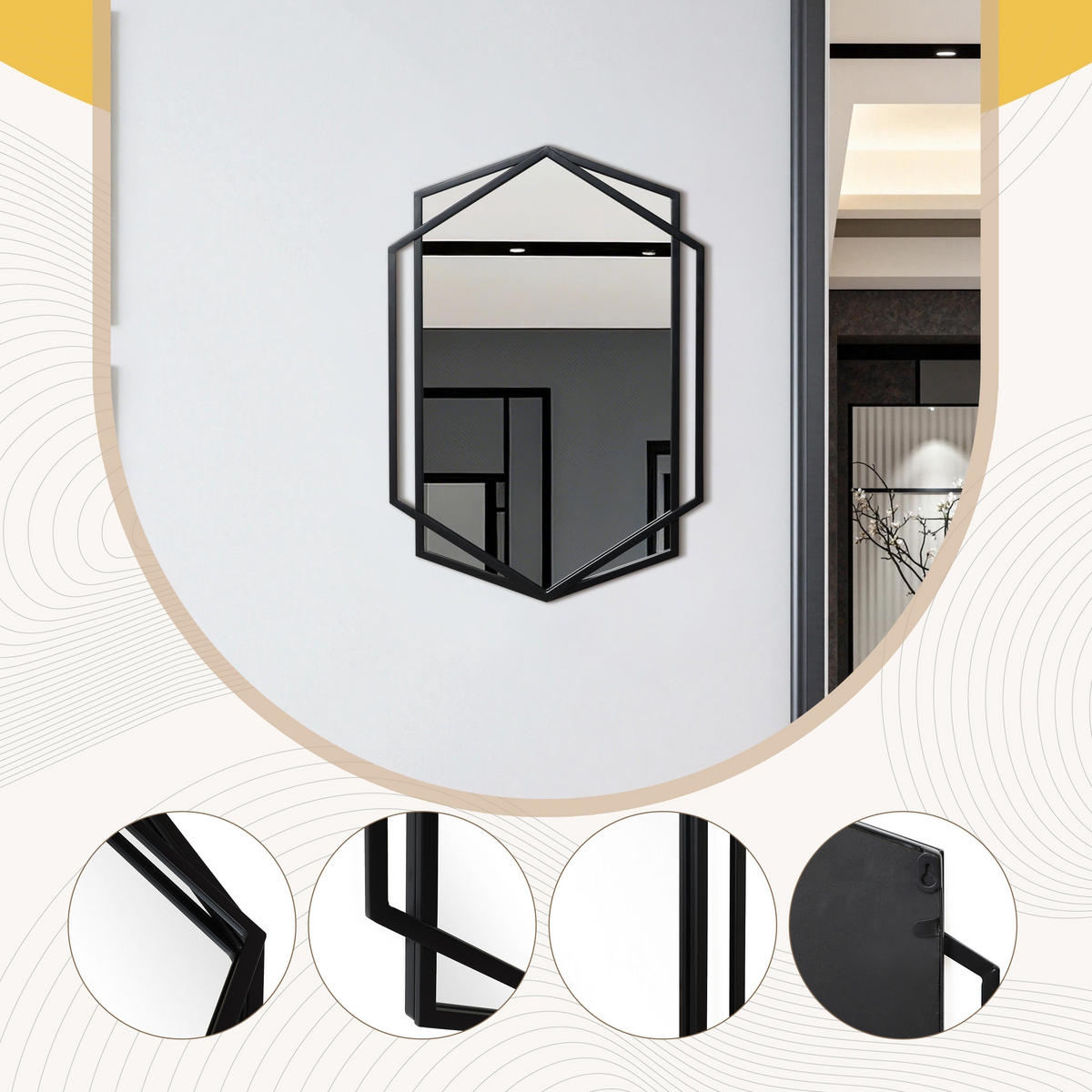 HEXAGON Wandspiegel Schwarz 71x50cm - Schwarz, Glas (3/71/48.5cm) - Hometopia