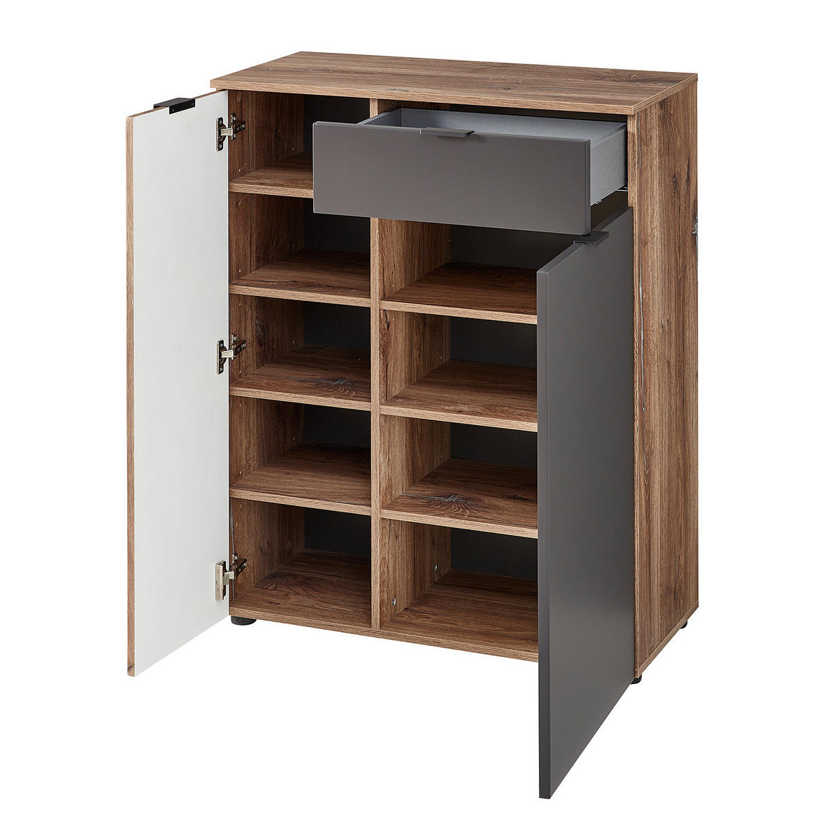 SCHUHKOMMODE - Risseiche Silber Dekor / Matt Grau - Schwarz/Braun, Holzwerkstoff/Kunststoff (82/103/38cm) - home24