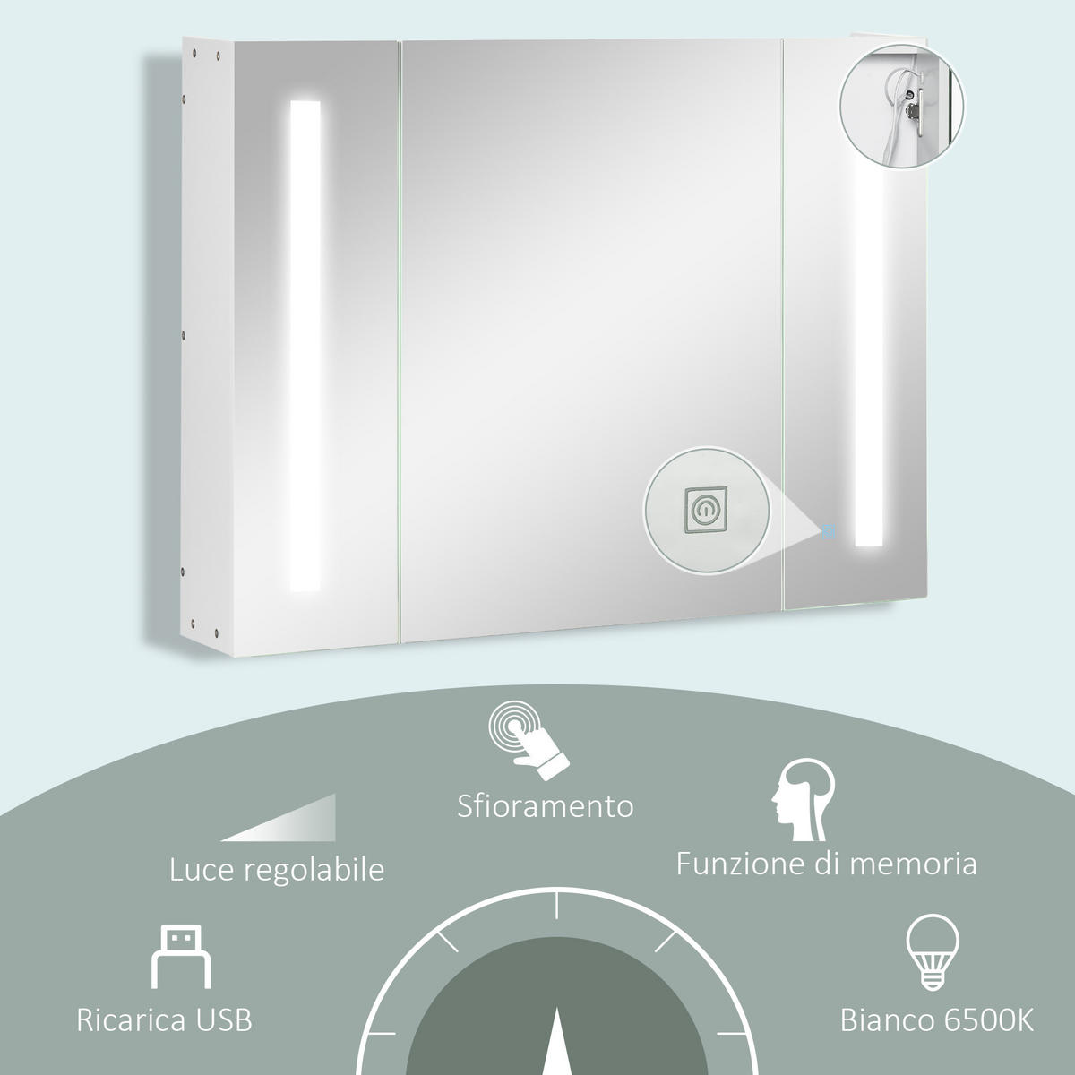BADEZIMMER-SPIEGELSCHRANK mit 3 Schränken, 3 Ablagen und LED-Beleuchtung, 90 x 15 x 65 cm ,Weiß - Weiß, Glas (90/65/15cm) - Vallsero