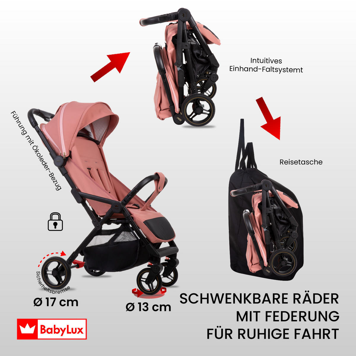 BUGGY Giau, Klein und Leicht, Teleskopische Führung, Kompakt Faltbar, Wickeltasche, Reisetasche - Schwarz/Rosa, Textil/Metall (58/98cm) - BabyLux