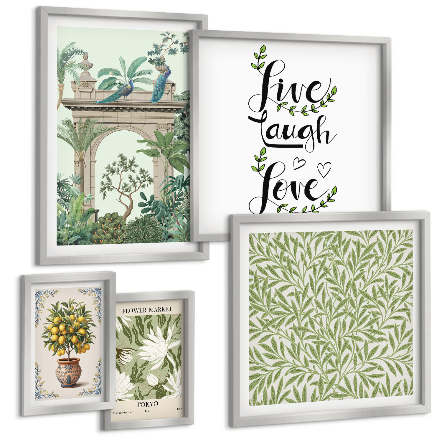 BILDER SET 5er Set - 50x50 cm & 20x30 cm & 40x60 cm Silberner Rahmen - Grüne Blätter exotischer Pflanzen - Silberfarben, Kunststoff (40/60cm) - TULUP