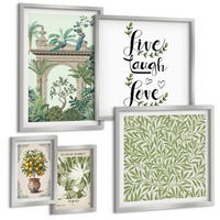 BILDER SET 5er Set - 50x50 cm & 20x30 cm & 40x60 cm Silberner Rahmen - Grüne Blätter exotischer Pflanzen - Silberfarben, Kunststoff (40/60cm) - TULUP