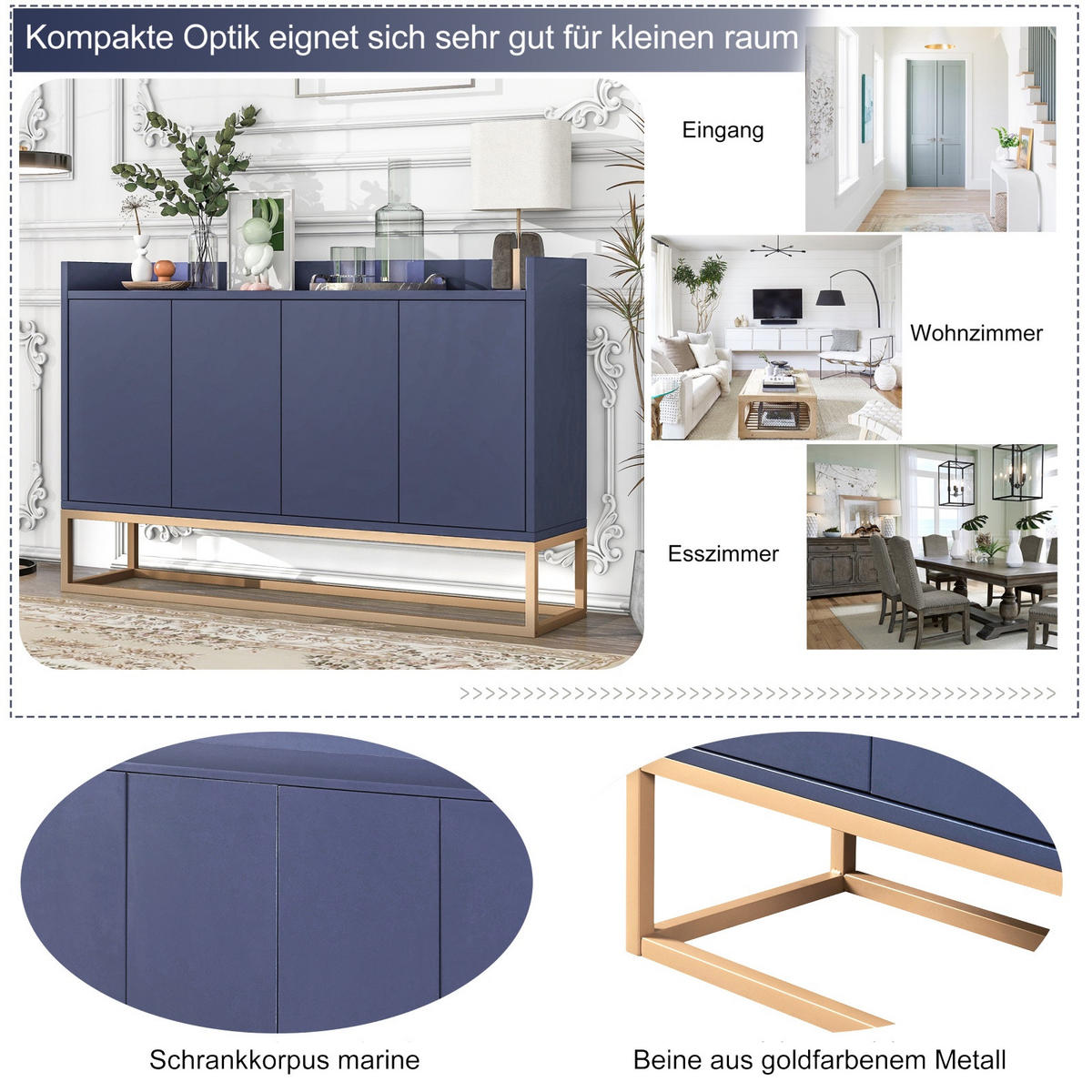 SIDEBOARDS 120cm, mit 4 Türen, verstellbaren Regalen, goldfarbenem Metallrahmen, Blau - Blau, Holzwerkstoff (120/30/80cm) - Waldena