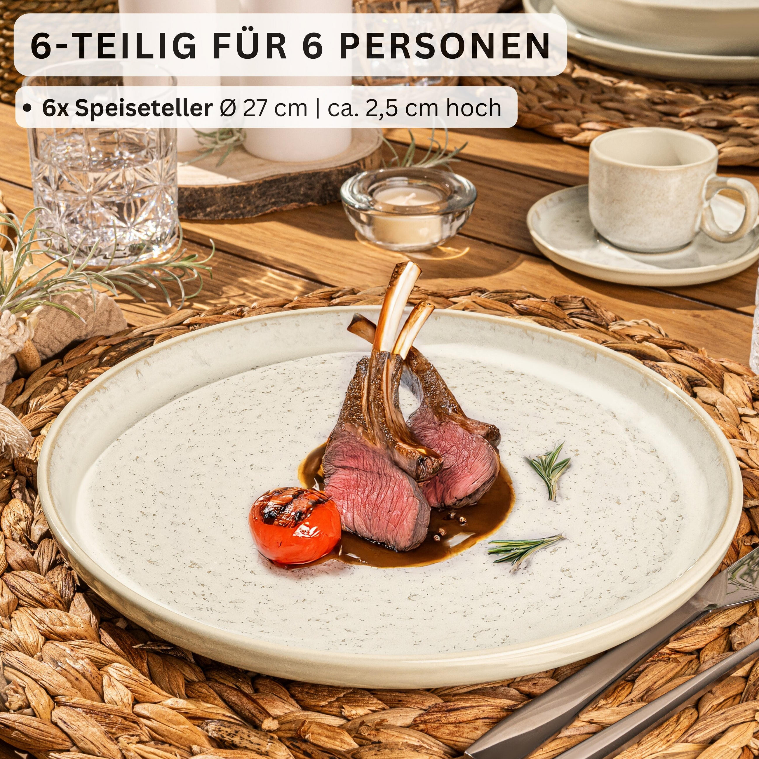 SPEISETELLER SET KEY WEST - 6 teilig aus Steingut - Creme, Stein (27cm) - Sänger