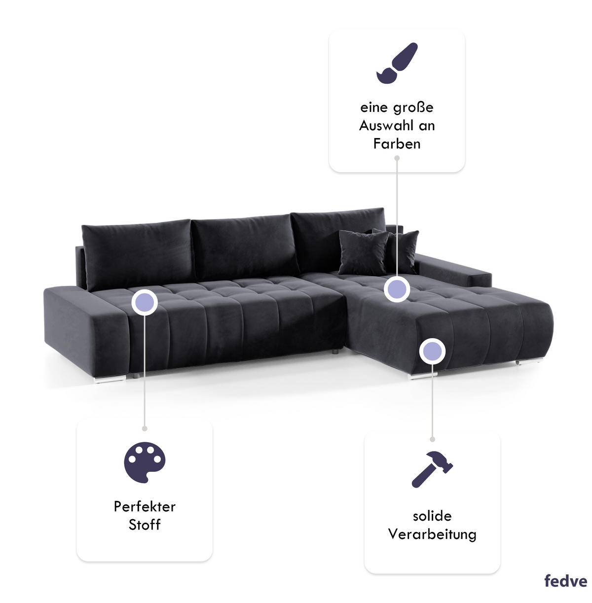 ECKSOFA mit Schlaffunktion Dhaka L Dunkelgrau - Graphitfarben, Textil (185/265cm) - Fedve
