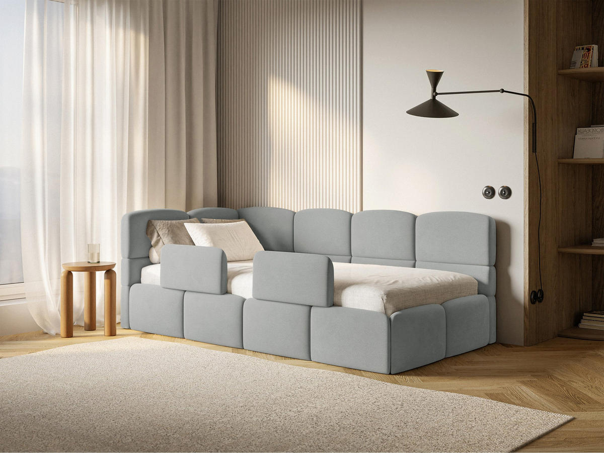 DETSKÁ POSTEĽ Cloudy sivá 90x200 cm, s matracom a zábranou, záhlavie vľavo, zamat - čierna/sivá, textil/plast (90/200cm) - Selsey