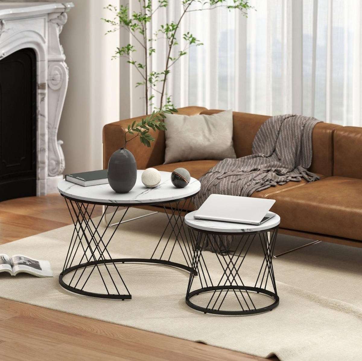 COUCHTISCH-SET 70/70/46,5 cm & 44,5/44,5/39 cm nestbar mit Marmoroptik und Metallgestell, Weiß - Weiß, Holz (70/70/46.5cm) - Modfu