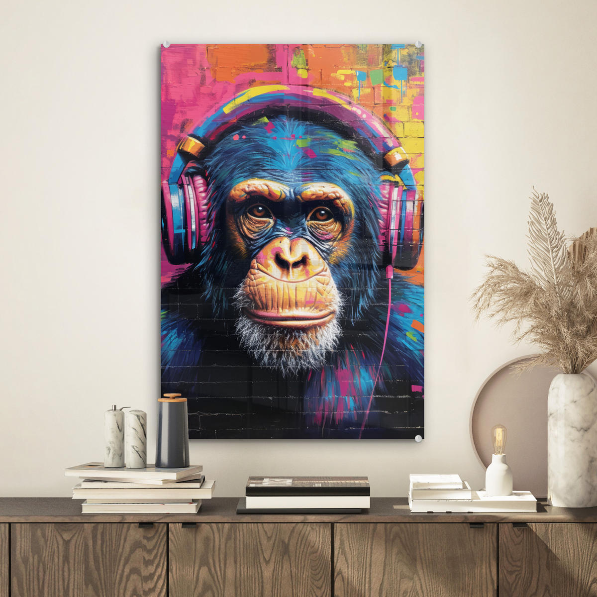 ACRYLGLASBILD Graffiti - Schimpanse - Straßenkunst - Kopfhörer - Affe 40x60 cm - Blau, Glas (40/60cm) - MuchoWow