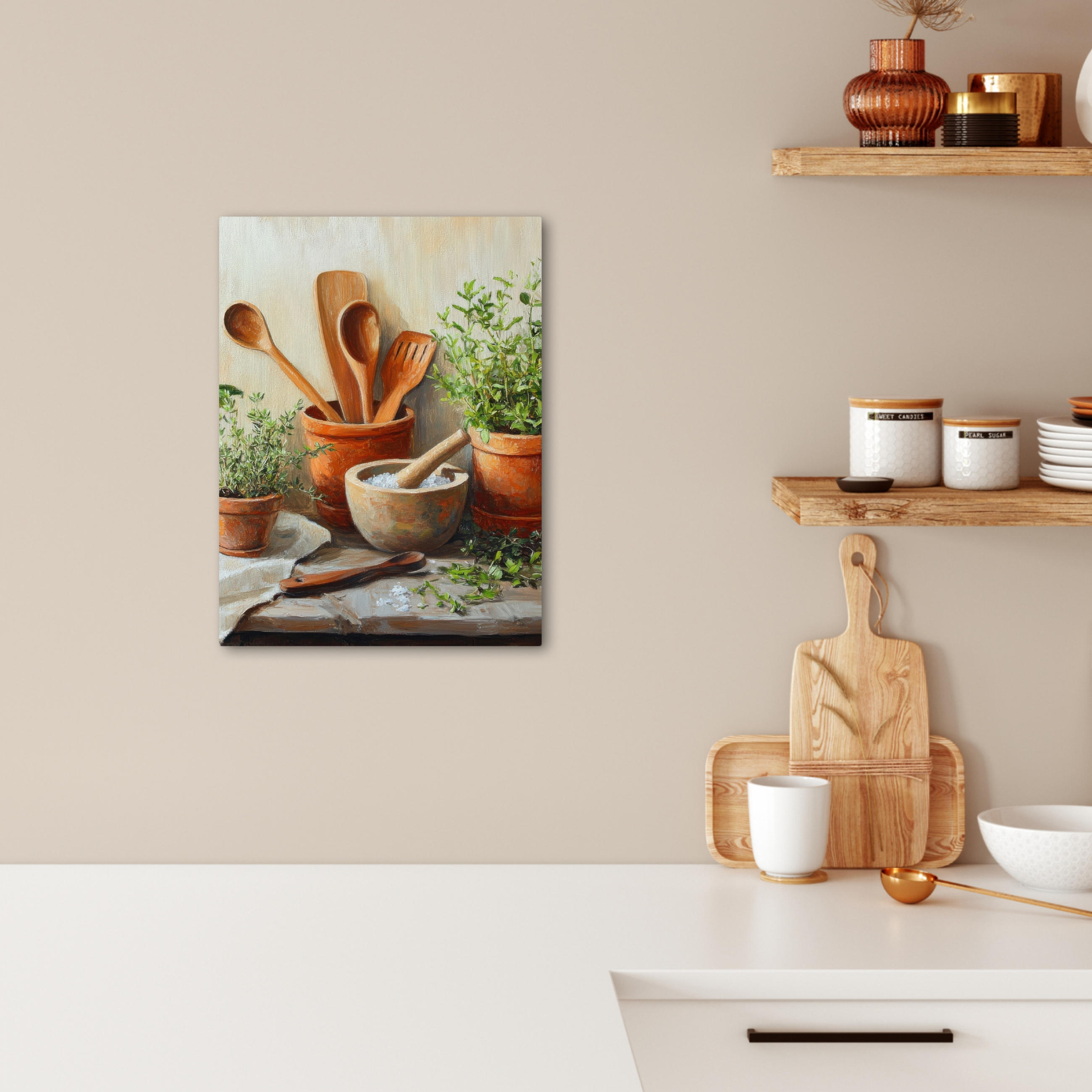 LEINWANDBILD Töpfe - Kräuter - Holz 30x40 cm - Terracotta, Textil (30/40cm) - MuchoWow