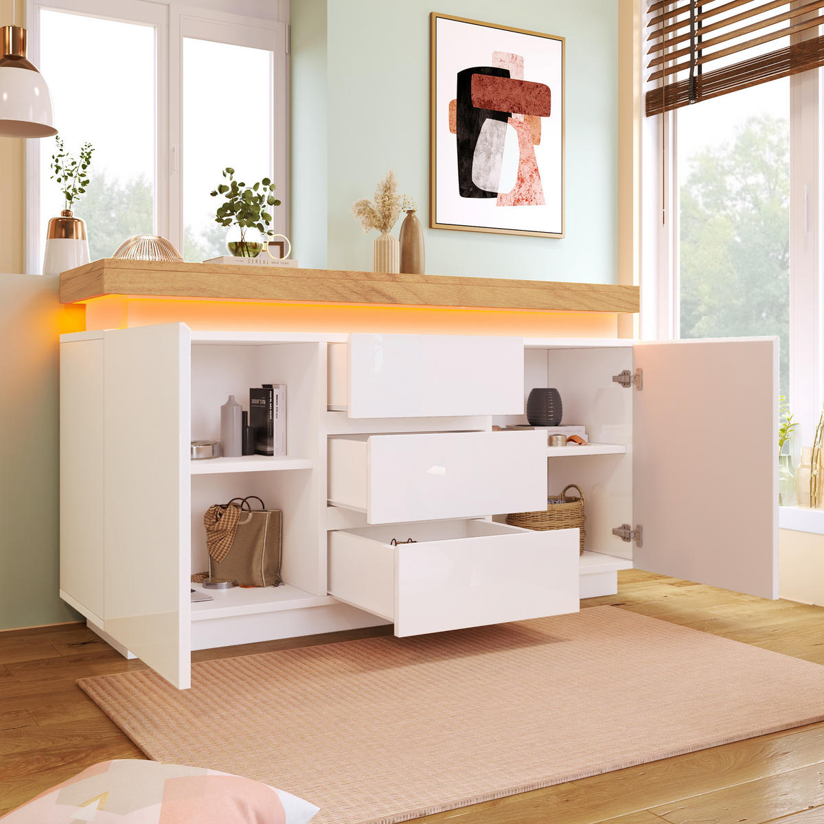 KUCHYŇSKÁ SKŘÍŇ bílá lesklá, zásuvky, LED osvětlení, do obývacího pokoje a ložnice, 140×39×81 cm - bílá, kompozitní dřevo (140/81/39cm) - STILVORA