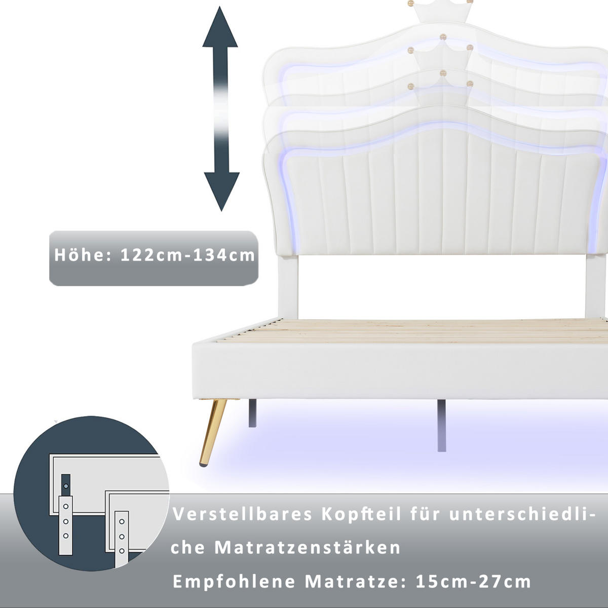 KINDERBETT Polsterbett 140/200 cm mit LED, Krone-Kopfteil, Kunstleder Weiß, Lattenrost - Weiß, Holz/Textil (140/200cm) - PARAFTA HOME