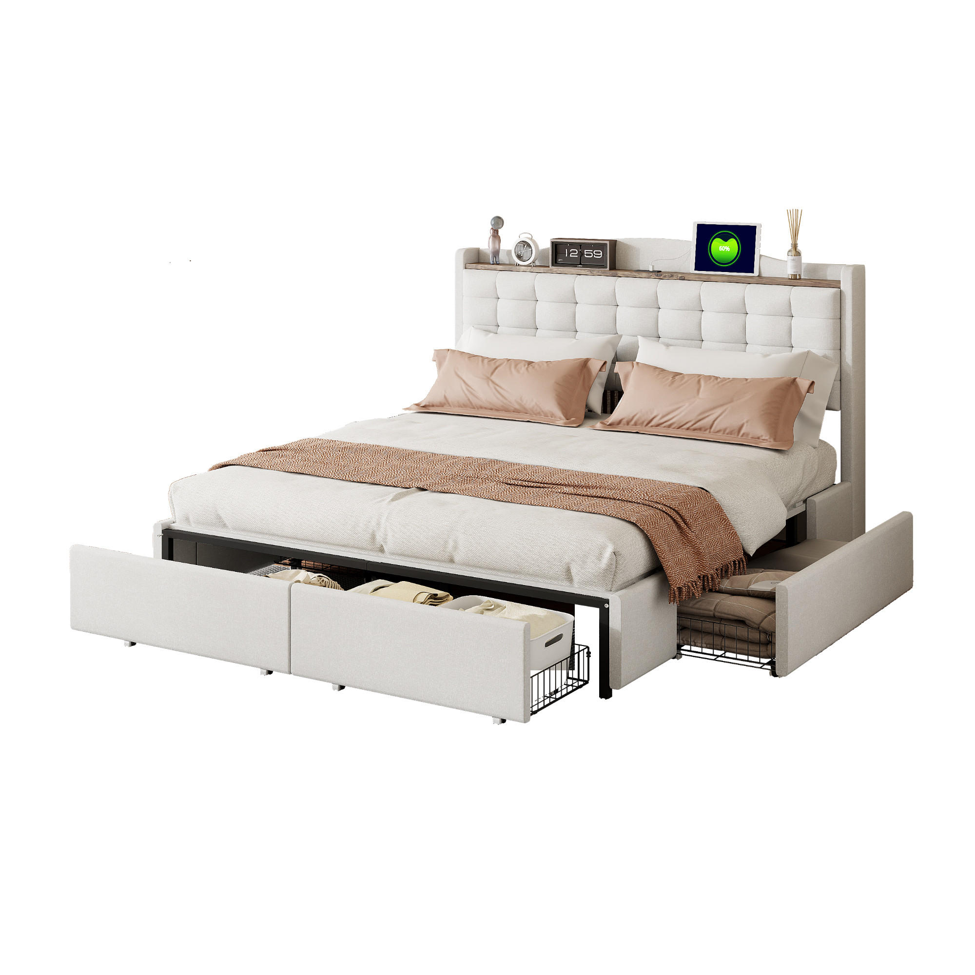 POLSTERBETT 160/200 cm beige mit USB-Ladeanschluss und 4 Schubladen - Beige, Textil (160/200cm) - OKWISH