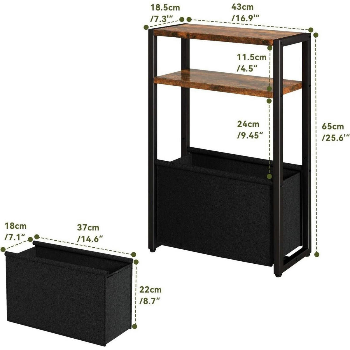 BEISTELLTISCH mit Stoffkorb 43 x 18.5 x 65 cm Braun - Braun, Metall (43/18/65cm)