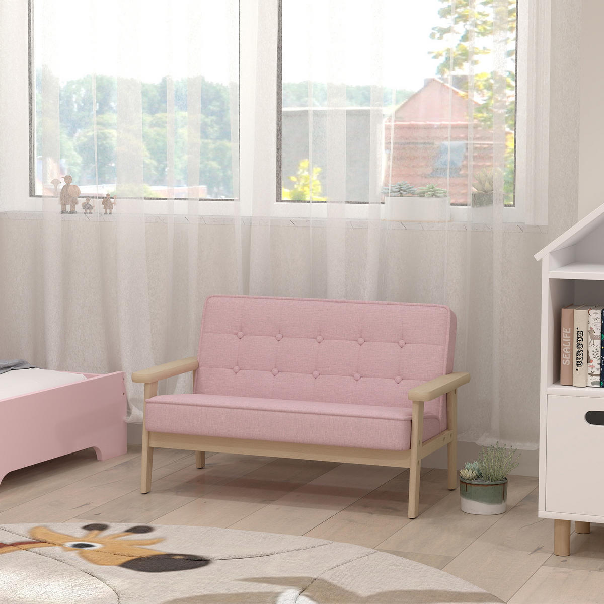 KINDERSESSEL Kindersofa gepolsterter Kinderstuhl mit Holzrahmen Samtoptik - Rosa/Naturfarben, Holz/Textil (42/48/77cm) - AIYAPLAY