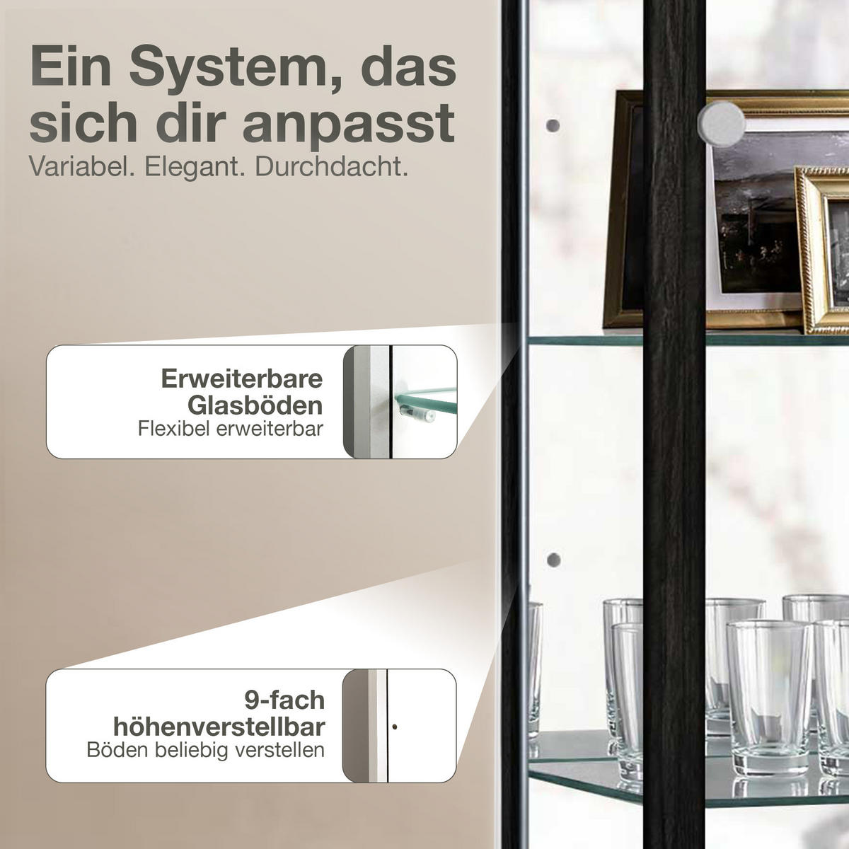 GLASVITRINE 33/37/176 cm mit Spiegel, LED & 4 höhenverstellbaren Glasböden - Transparent/Silberfarben, Glas/Holzwerkstoff (37/176/33cm) - K-Möbel