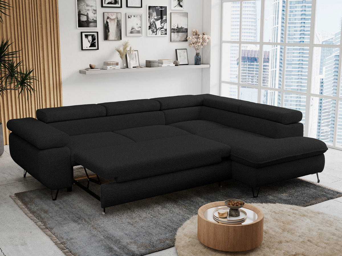 ECKSOFA PETER L Schwarz Boucle - Rechts Seite - Schwarz, Textil/Metall (273/208cm) - MKS