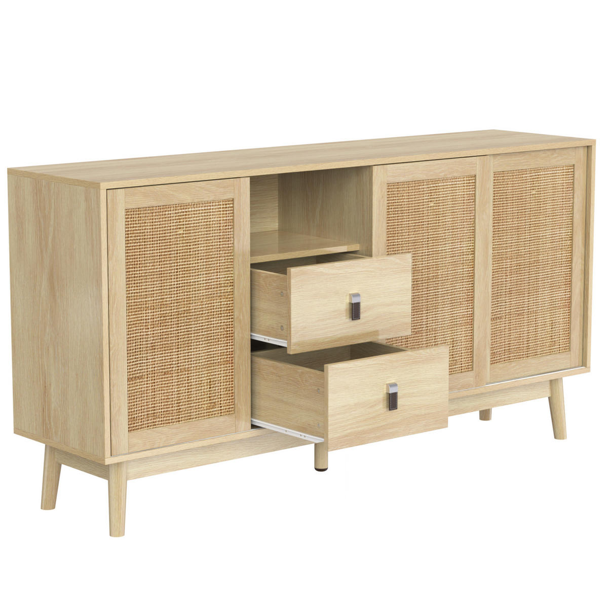 SIDEBOARD aus MDF und Spanplatte 155x38x80 cm Holzfarbe mit Rattan-Schiebetüren und 2 Schubladen - Naturfarben, Holzwerkstoff (155/80/38cm) - IVMEU
