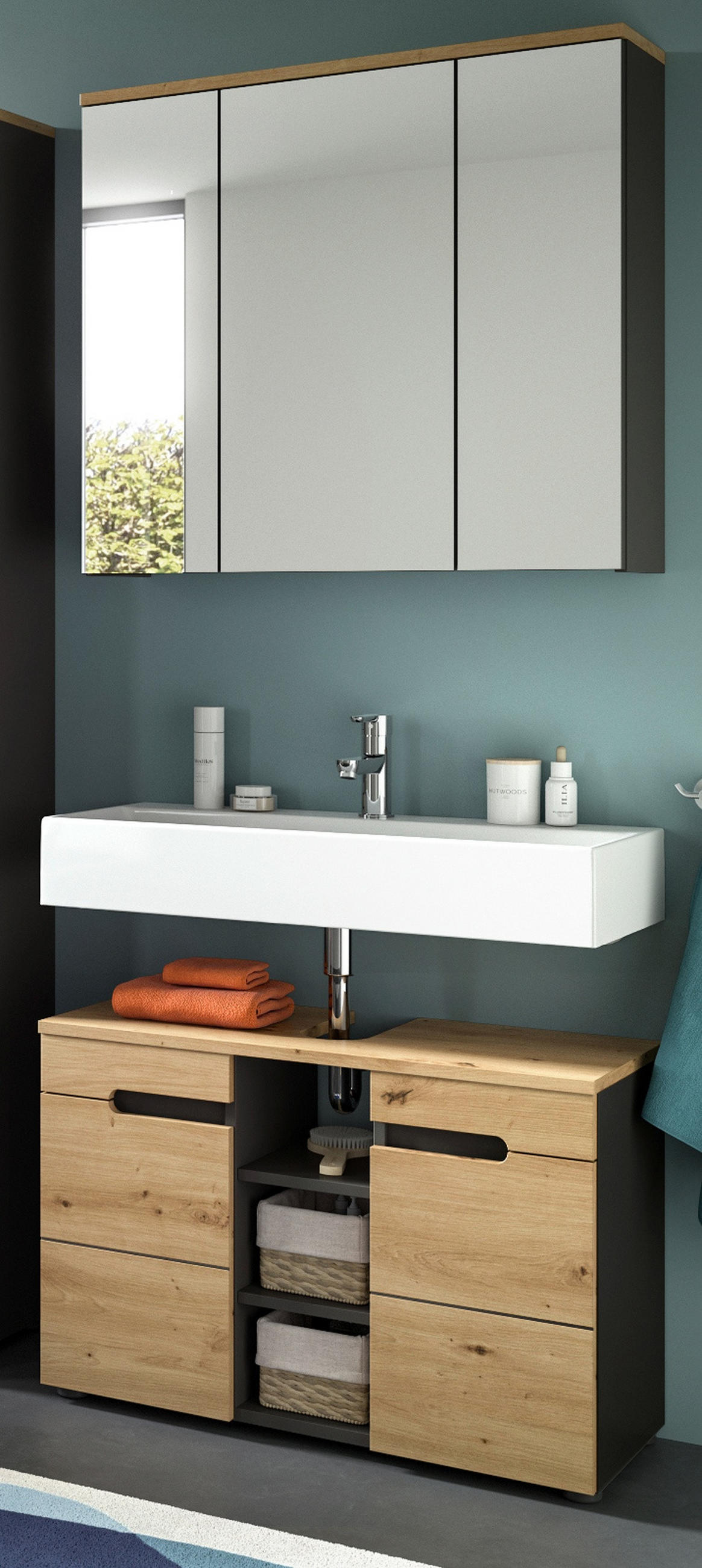 BADMÖBEL-SET Eiche, grau 2-teilig 80 cm, Komplettset mit Soft-Close - Schwarz/Eiche Artisan, Glas/Holzwerkstoff (80/193/34cm) - Inn.Furn