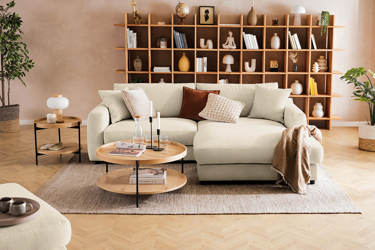 ECKSOFA mit Longchair - Beige/Schwarz, Holz/Kunststoff (238/183cm) - home24
