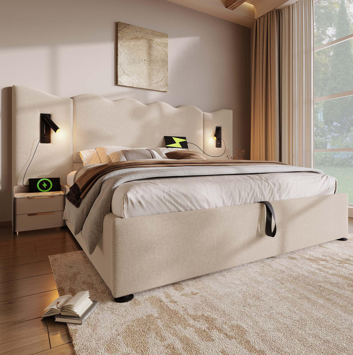 POLSTERBETT mit Bettkasten 180/200 cm, mit Leselampe und USB-C, Beige - Beige, Textil (180/200cm) - BEAOK
