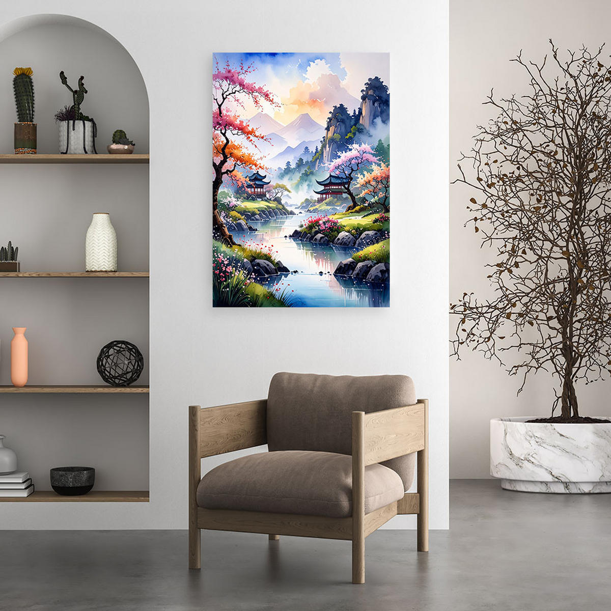 BILD auf Leinwand, Japanische Pagode Pastelllandschaft - Multicolor, Textil (40/60cm) - Feeby