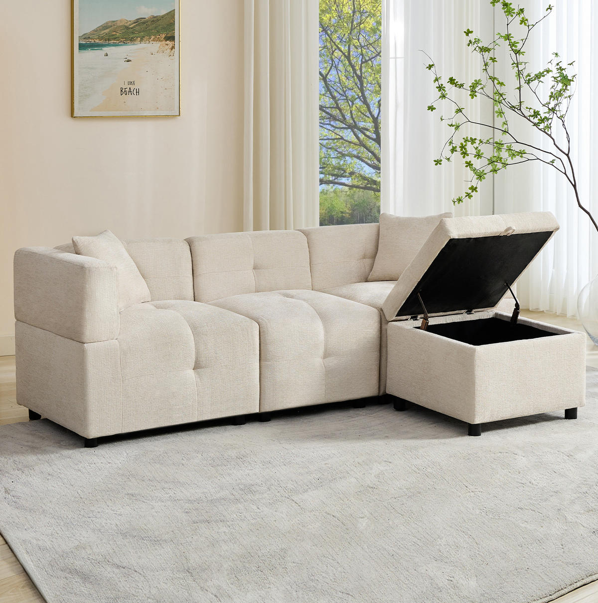 SOFA modular 204 x 126 cm Chenille Beige 3-Sitzer mit Fußhocker - Beige, Holzwerkstoff (126/204cm) - Meubliv