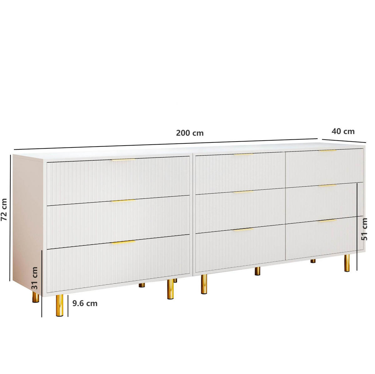 KOMODA 200/40/72 cm bijela i zlatna od MDF-a s 9 ladica i modularnim rasporedom - bijela, drvni materijal (200/72/40cm) - OKWISH