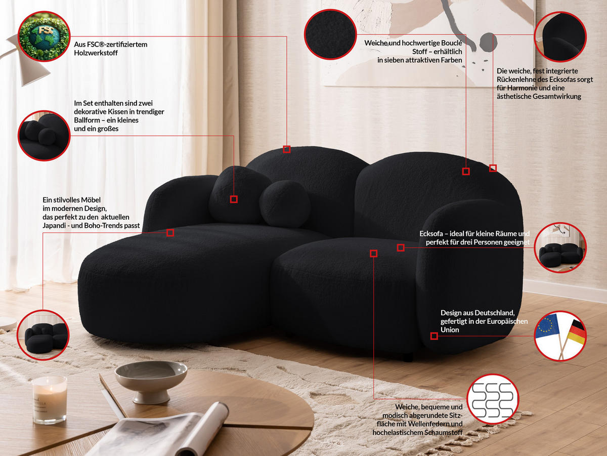 ECKSOFA Nuvola mit abgerundetem Design Schwarz Bouclé-Stoff - Ottomane Links - Schwarz, Holz/Kunststoff (190/146cm) - S-Style Möbel
