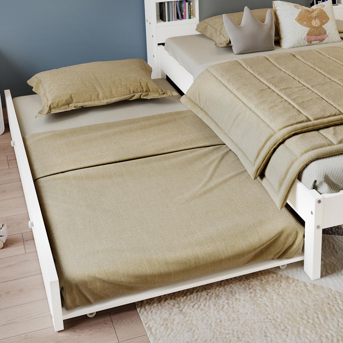 BETT 120/200 cm in Weiß mit Ausziehbett, gepolstertem Kopfteil, Kopfteilregal, LED und Ladestation aus Holz - Weiß/Grau, Holzwerkstoff (120/200cm) - STILVORA